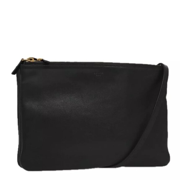 CELINE Trios Mall Shoulder Bag Leather Black Gold - Picture 1 of 16